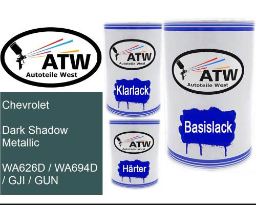 Chevrolet, Dark Shadow Metallic, WA626D / WA694D / GJI / GUN: 500ml Lackdose + 500ml Klarlack + 250ml Härter - Set, von ATW Autoteile West.